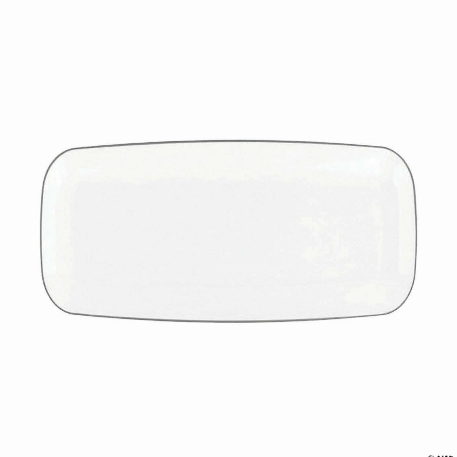 Party Plates * | Deals 10.6 X 5 White With Silver Rim Flat Raised Edge Rectangular Disposable Plastic Plates (120 Plates)