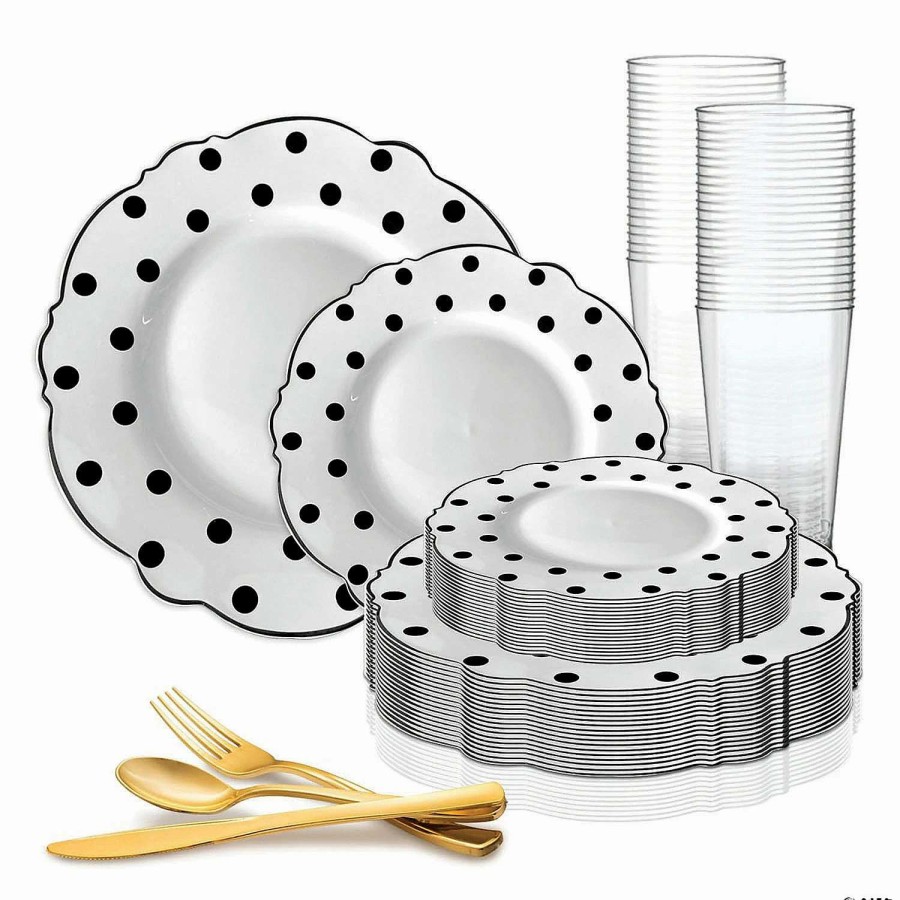 Party Plates * | Best Reviews Of White With Black Dots Round Blossom Disposable Plastic Dinnerware Value Set (20 Settings)