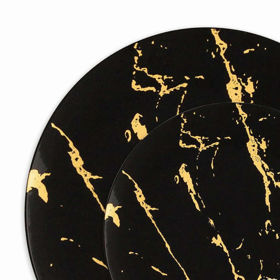 Party Plates * | Outlet Black With Gold Marble Stroke Round Disposable Plastic Dinnerware Value Set (120 Dinner Plates + 120 Salad Plates)