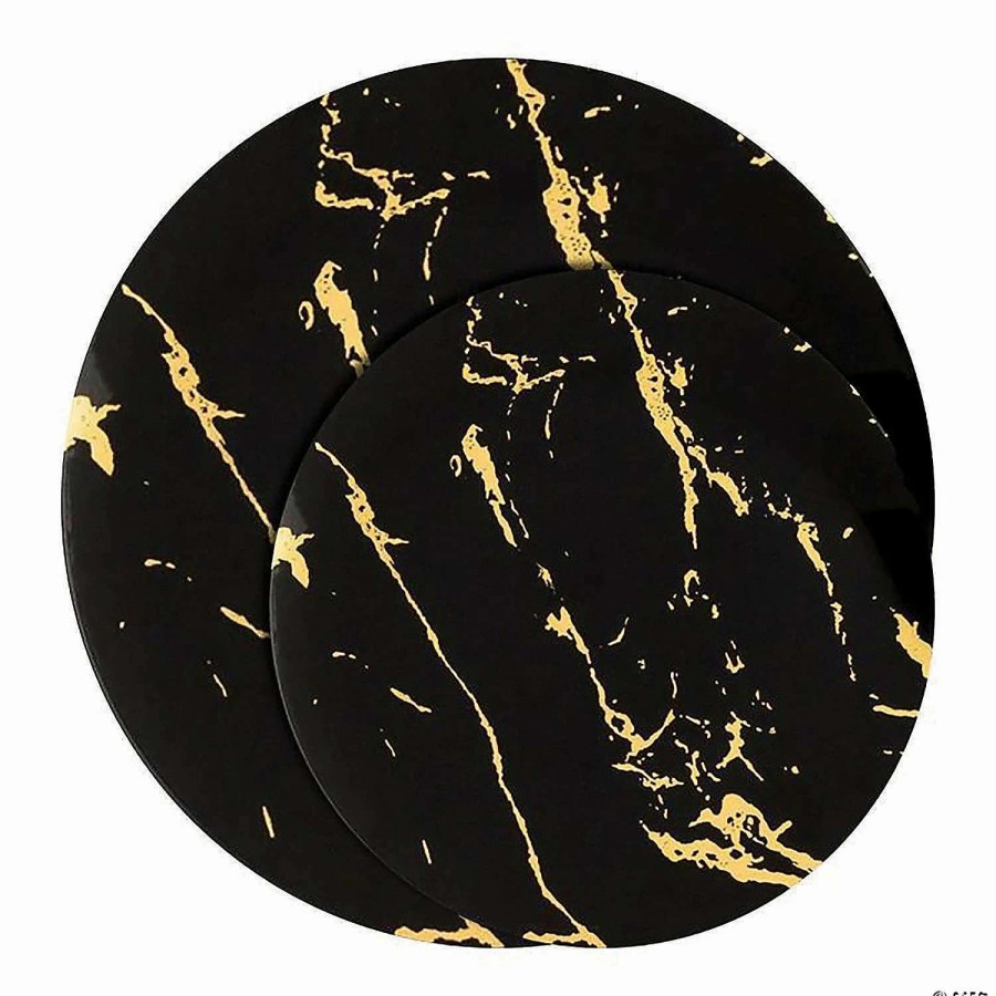 Party Plates * | Outlet Black With Gold Marble Stroke Round Disposable Plastic Dinnerware Value Set (120 Dinner Plates + 120 Salad Plates)