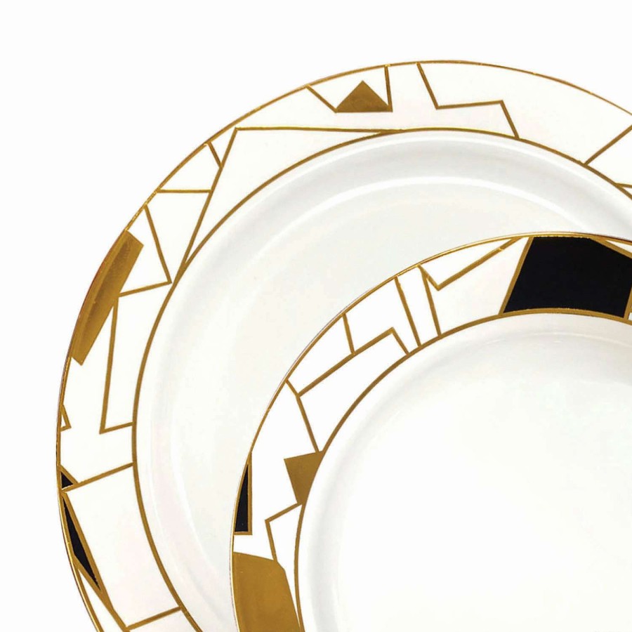 Party Plates * | Outlet White With Black And Gold Abstract Squares Pattern Round Disposable Plastic Dinnerware Value Set (120 Dinner Plates + 120 Salad Plates)