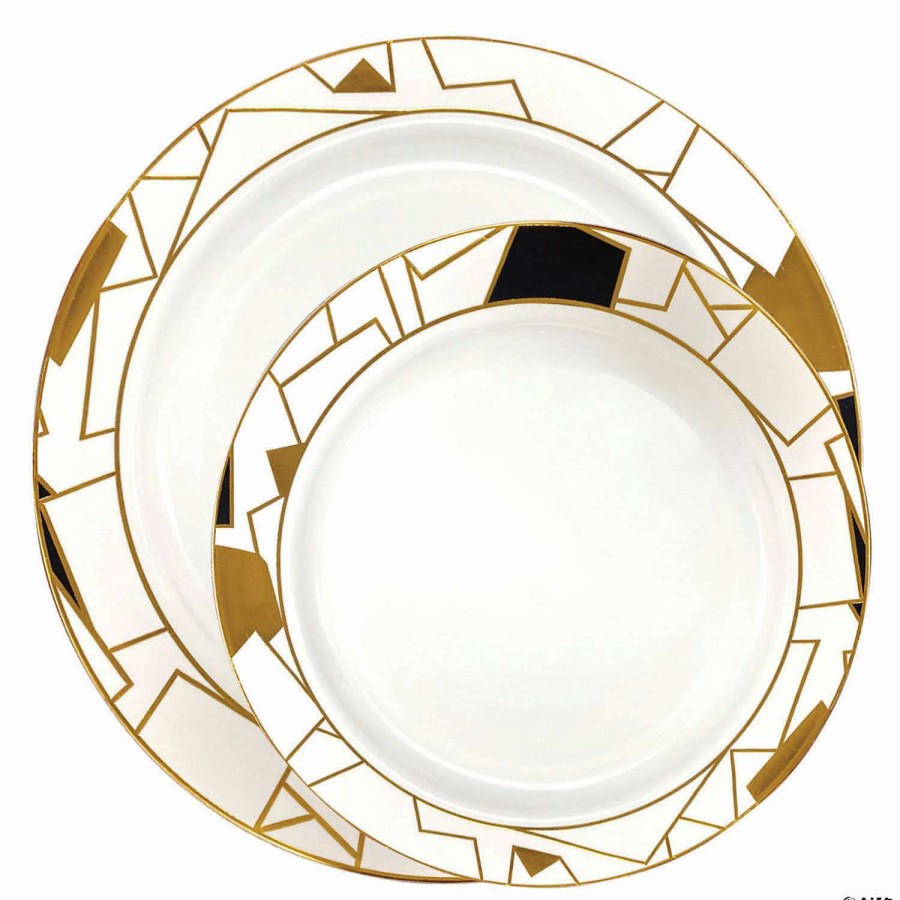 Party Plates * | Outlet White With Black And Gold Abstract Squares Pattern Round Disposable Plastic Dinnerware Value Set (120 Dinner Plates + 120 Salad Plates)