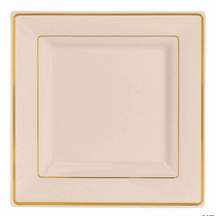 Party Plates * | New Kaya Collection 9.5 Ivory With Gold Square Edge Rim Plastic Dinner Plates (120 Plates)