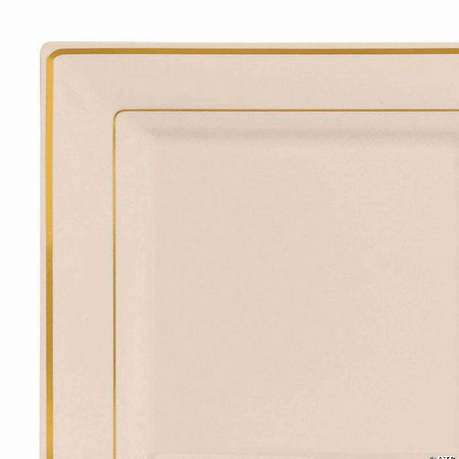 Party Plates * | New Kaya Collection 9.5 Ivory With Gold Square Edge Rim Plastic Dinner Plates (120 Plates)