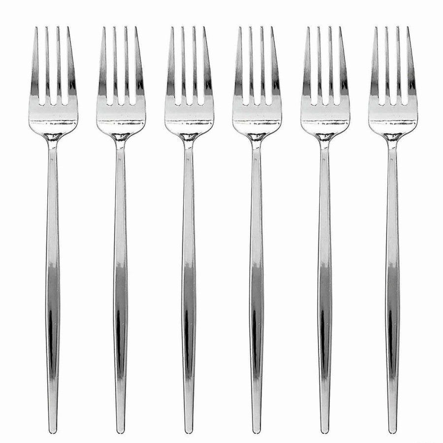 Cutlery * | New Kaya Collection Shiny Silver Moderno Disposable Plastic Dinner Forks (300 Forks)