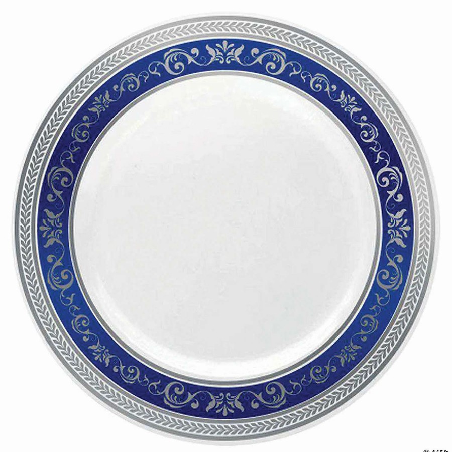 Party Plates * | Discount Kaya Collection 7.5 White With Blue And Silver Royal Rim Plastic Appetizer/Salad Plates (120 Plates)