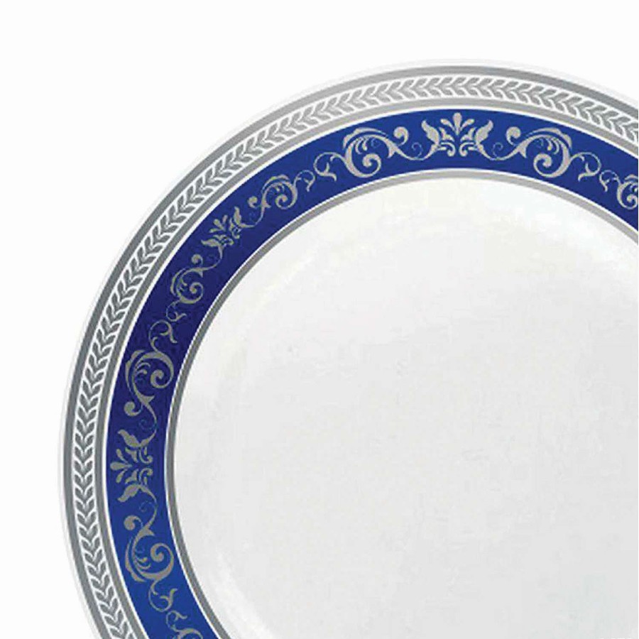 Party Plates * | Discount Kaya Collection 7.5 White With Blue And Silver Royal Rim Plastic Appetizer/Salad Plates (120 Plates)