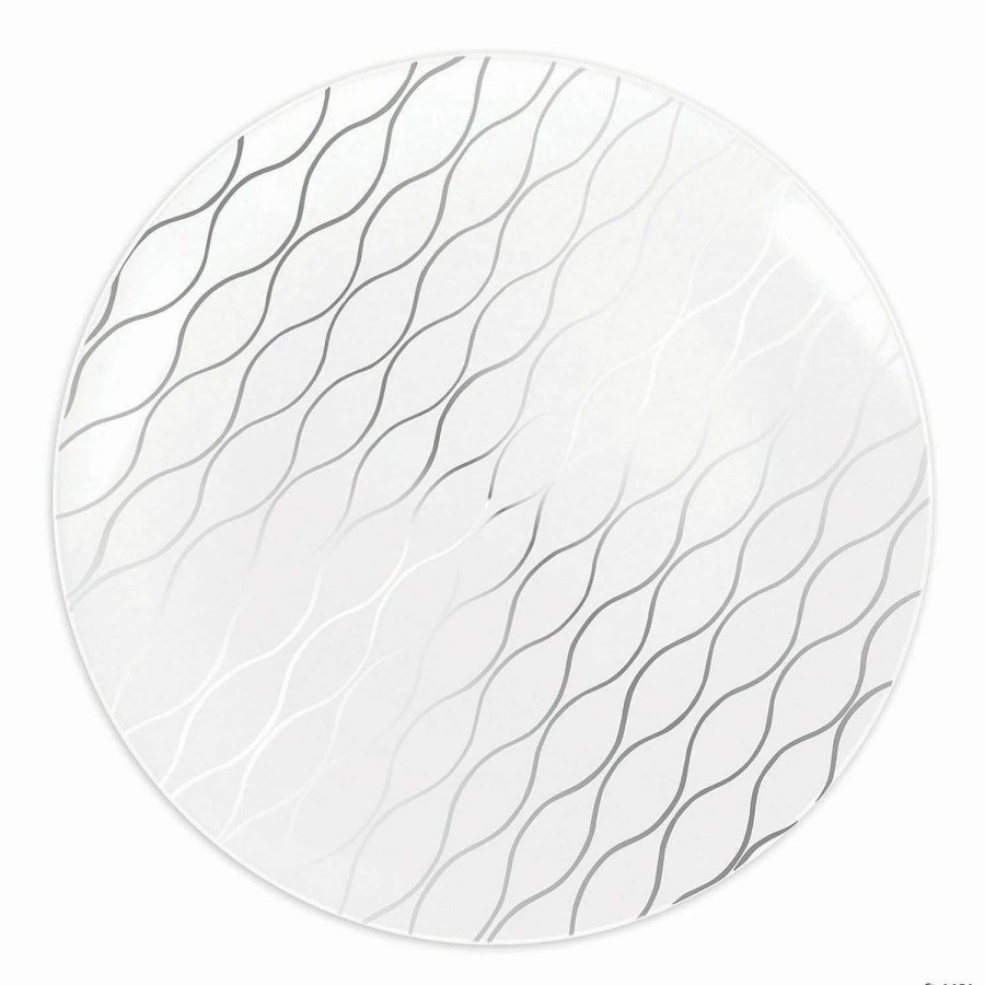 Party Plates * | Discount 10.25 White With Silver Waves Design Round Disposable Plastic Dinner Plates (40 Plates)