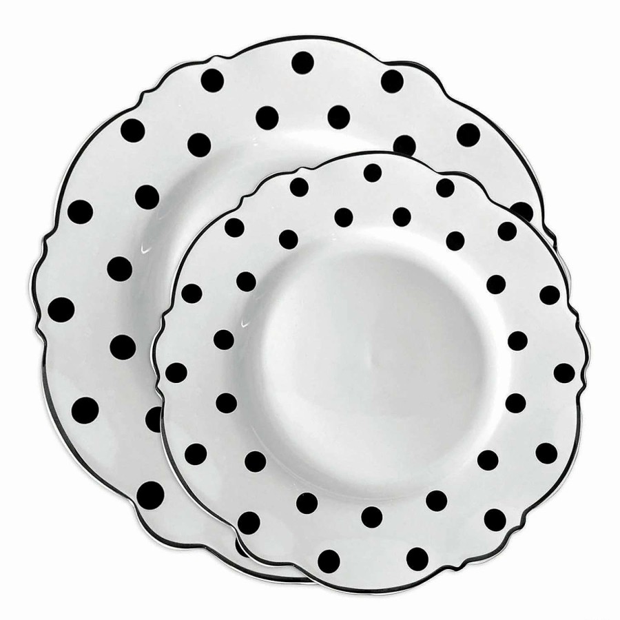 Party Plates * | Coupon White With Black Dots Round Blossom Disposable Plastic Dinnerware Value Set (40 Dinner Plates + 40 Salad Plates)