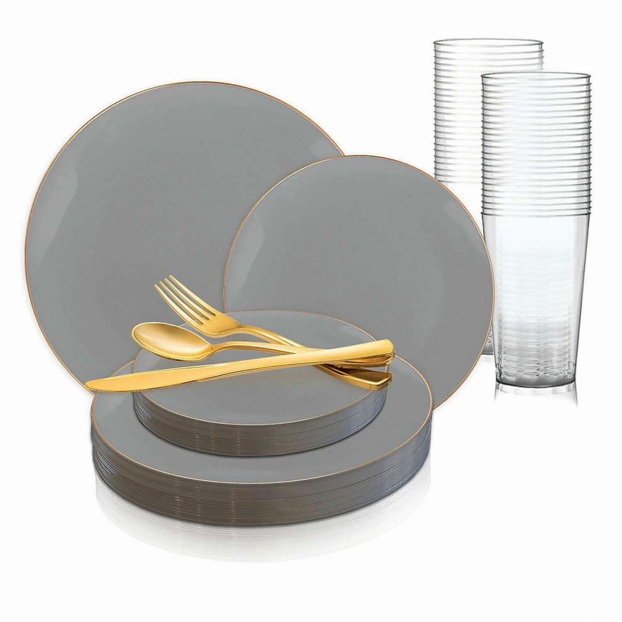 Bowls * | Top 10 Gray With Gold Organic Round Disposable Plastic Dinnerware Value Set (120 Settings)