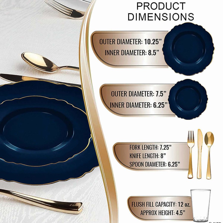 Table Covers * | Cheap Navy With Gold Rim Round Blossom Disposable Plastic Dinnerware Value Set (60 Settings)