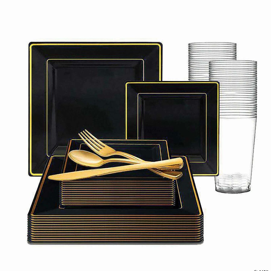 Bowls * | New Black With Gold Square Edge Rim Plastic Dinnerware Value Set (60 Settings)