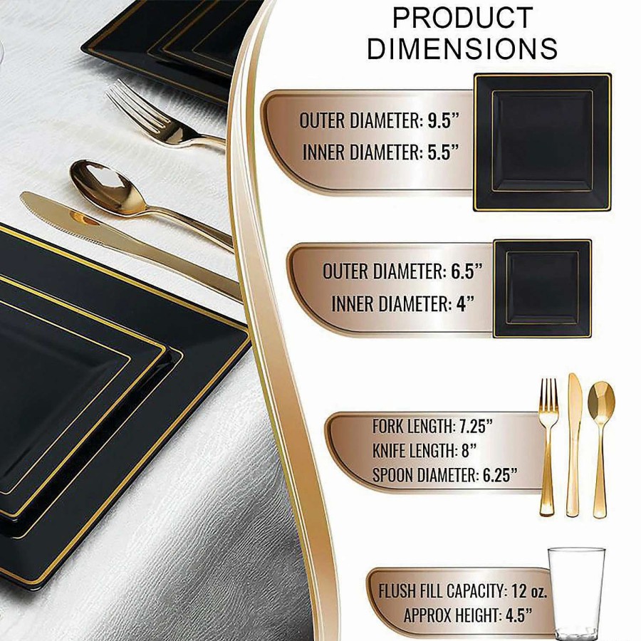 Bowls * | New Black With Gold Square Edge Rim Plastic Dinnerware Value Set (60 Settings)