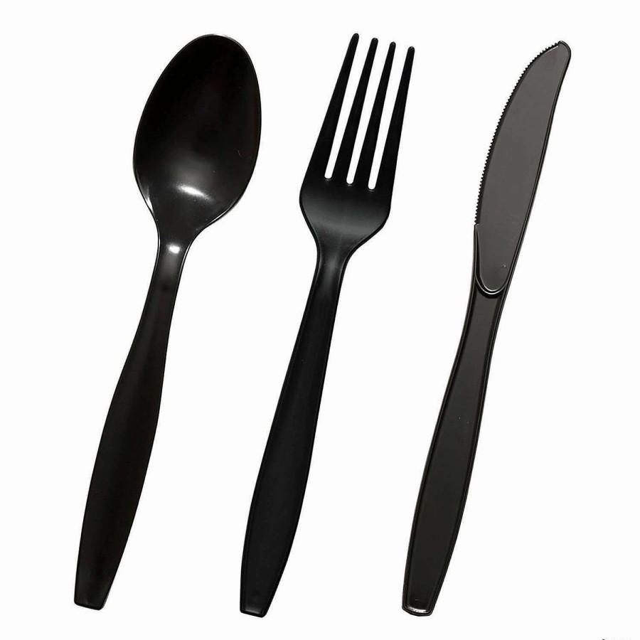 Cutlery * | Outlet Black Disposable Plastic Cutlery Set Spoons, Forks And Knives (1000 Guests)