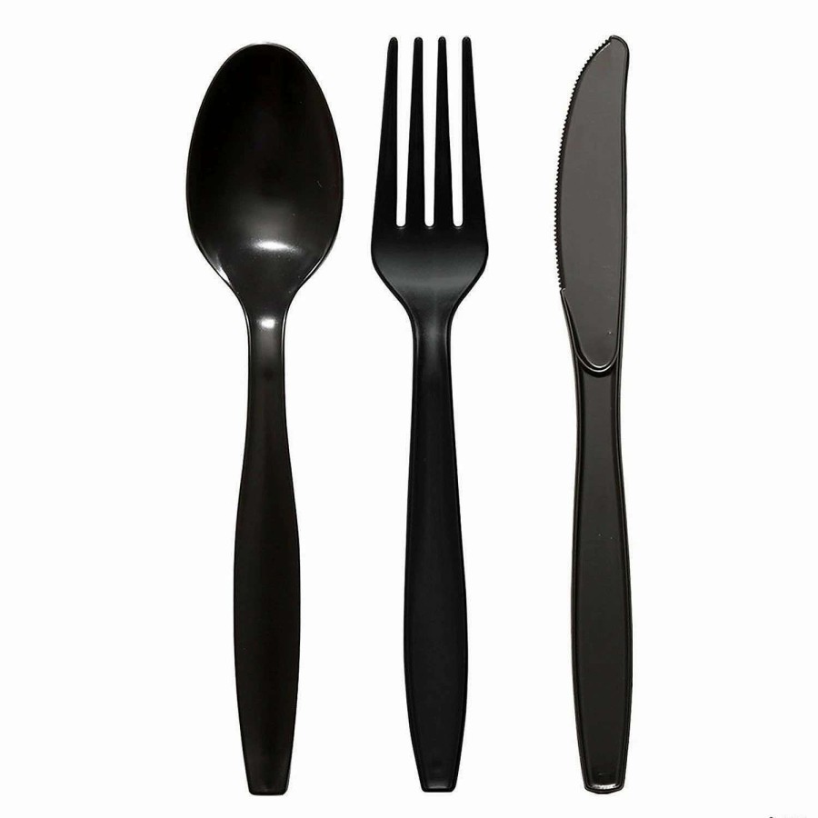 Cutlery * | Outlet Black Disposable Plastic Cutlery Set Spoons, Forks And Knives (1000 Guests)