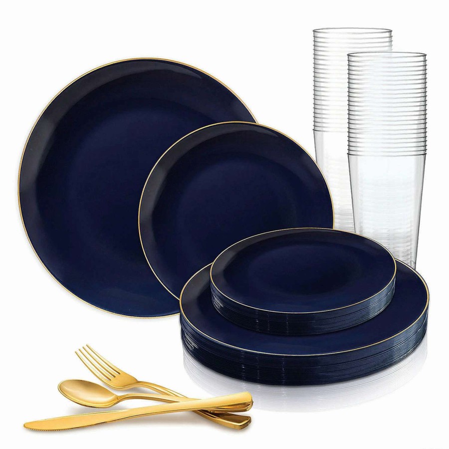 Party Plates * | Brand New Navy With Gold Rim Organic Round Disposable Plastic Dinnerware Value Set (20 Settings)