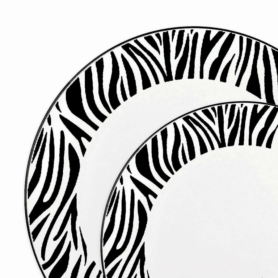 Party Plates * | Deals White With Black Zebra Stripes Round Disposable Plastic Dinnerware Value Set (120 Dinner Plates + 120 Salad Plates)