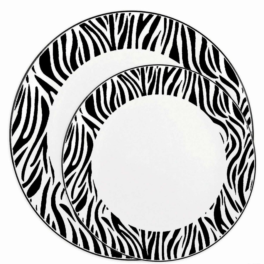 Party Plates * | Deals White With Black Zebra Stripes Round Disposable Plastic Dinnerware Value Set (120 Dinner Plates + 120 Salad Plates)