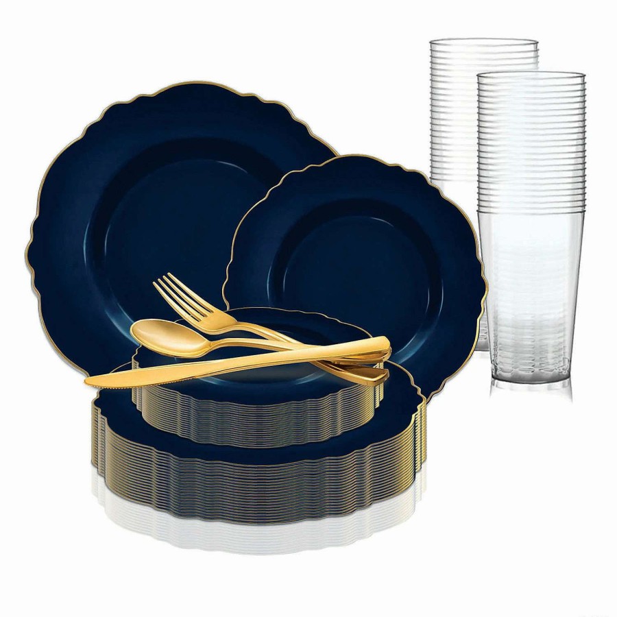 Table Covers * | Wholesale Navy With Gold Rim Round Blossom Disposable Plastic Dinnerware Value Set (20 Settings)