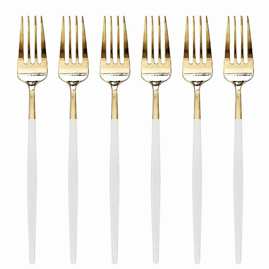 Cutlery * | Cheapest Gold With White Handle Moderno Disposable Plastic Dinner Forks (120 Forks)