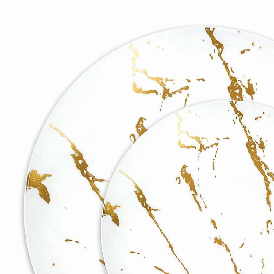 Party Plates * | Discount White With Gold Marble Stroke Round Disposable Plastic Dinnerware Value Set (40 Dinner Plates + 40 Salad Plates)