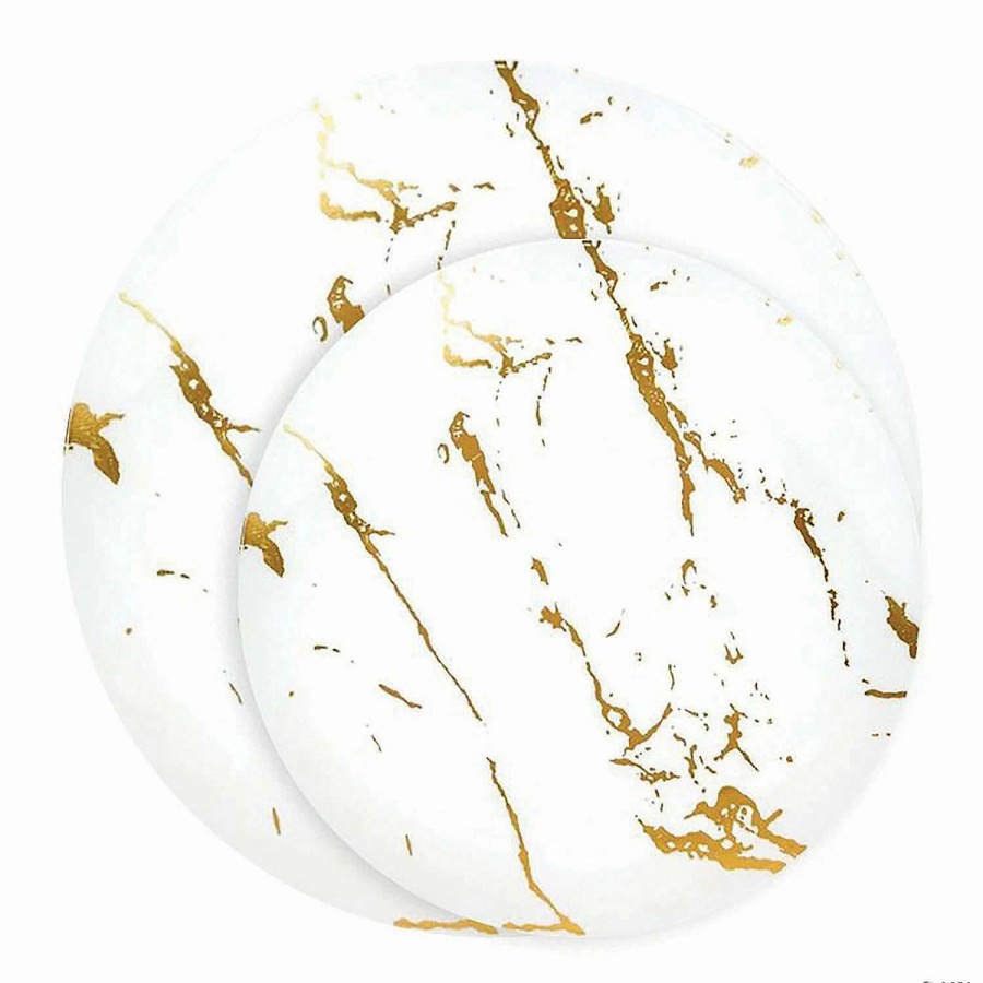 Party Plates * | Discount White With Gold Marble Stroke Round Disposable Plastic Dinnerware Value Set (40 Dinner Plates + 40 Salad Plates)