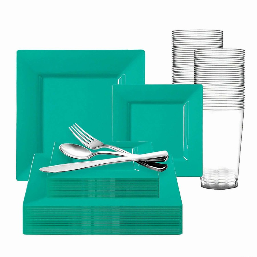 Party Plates * | Buy Sea Aqua Square Disposable Plastic Dinnerware Value Set (120 Settings)