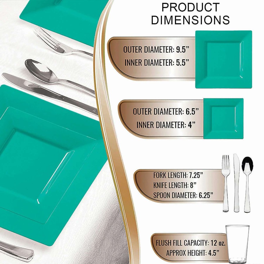 Party Plates * | Buy Sea Aqua Square Disposable Plastic Dinnerware Value Set (120 Settings)