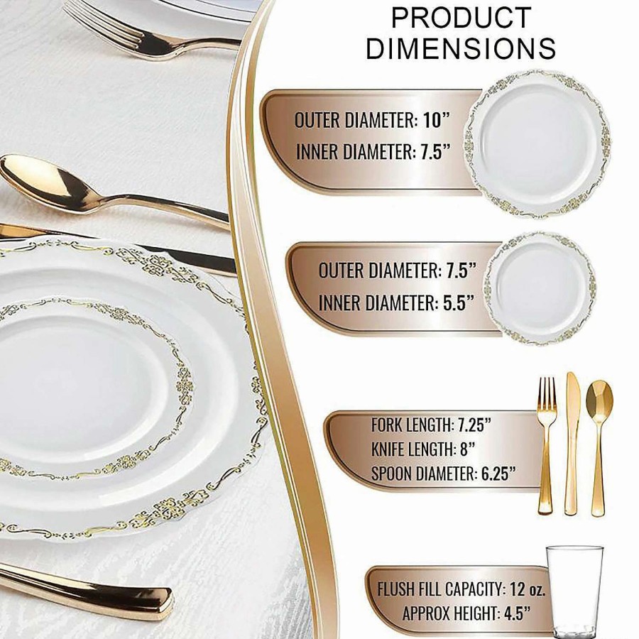 Bowls * | Flash Sale White With Gold Vintage Rim Round Disposable Plastic Dinnerware Value Set (60 Settings)