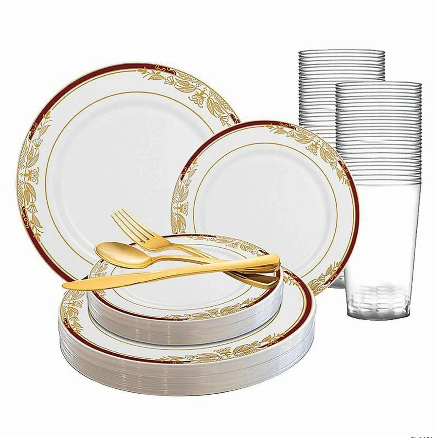 Bowls * | Top 10 White With Burgundy And Gold Harmony Rim Plastic Dinnerware Value Set (60 Settings)