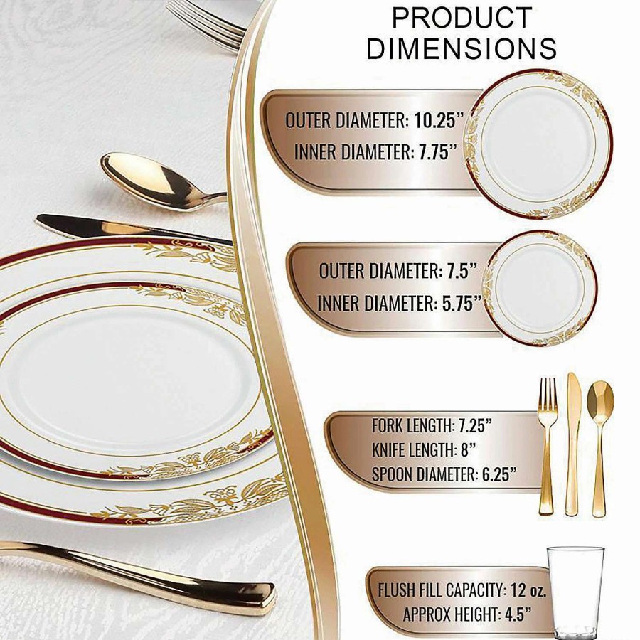 Bowls * | Top 10 White With Burgundy And Gold Harmony Rim Plastic Dinnerware Value Set (60 Settings)