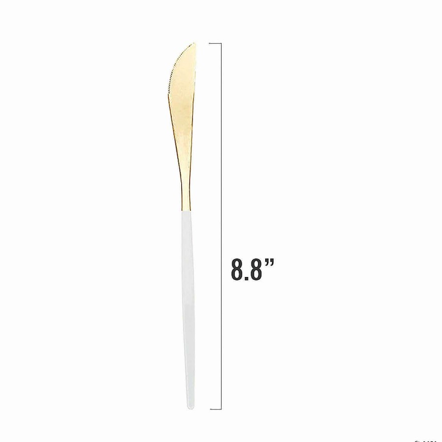 Cutlery * | Promo Gold With White Handle Moderno Disposable Plastic Dinner Knives (120 Knives)