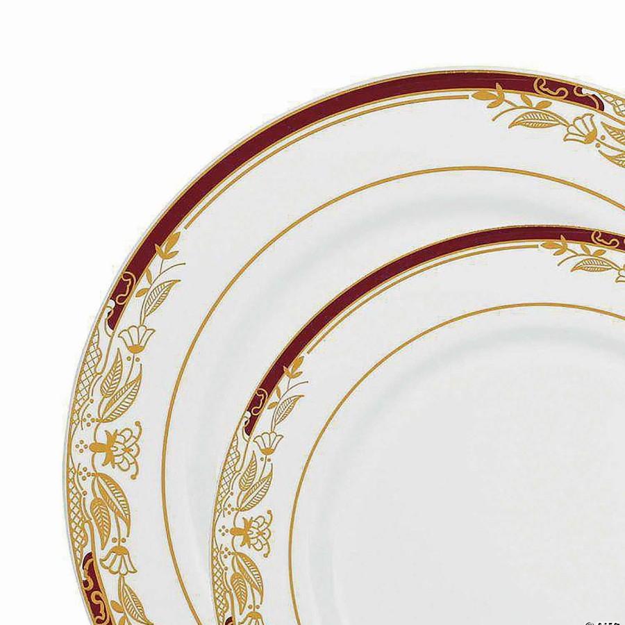 Party Plates * | Deals White With Burgundy And Gold Harmony Rim Plastic Dinnerware Value Set (40 Dinner Plates + 40 Salad Plates)