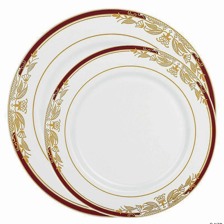 Party Plates * | Deals White With Burgundy And Gold Harmony Rim Plastic Dinnerware Value Set (40 Dinner Plates + 40 Salad Plates)