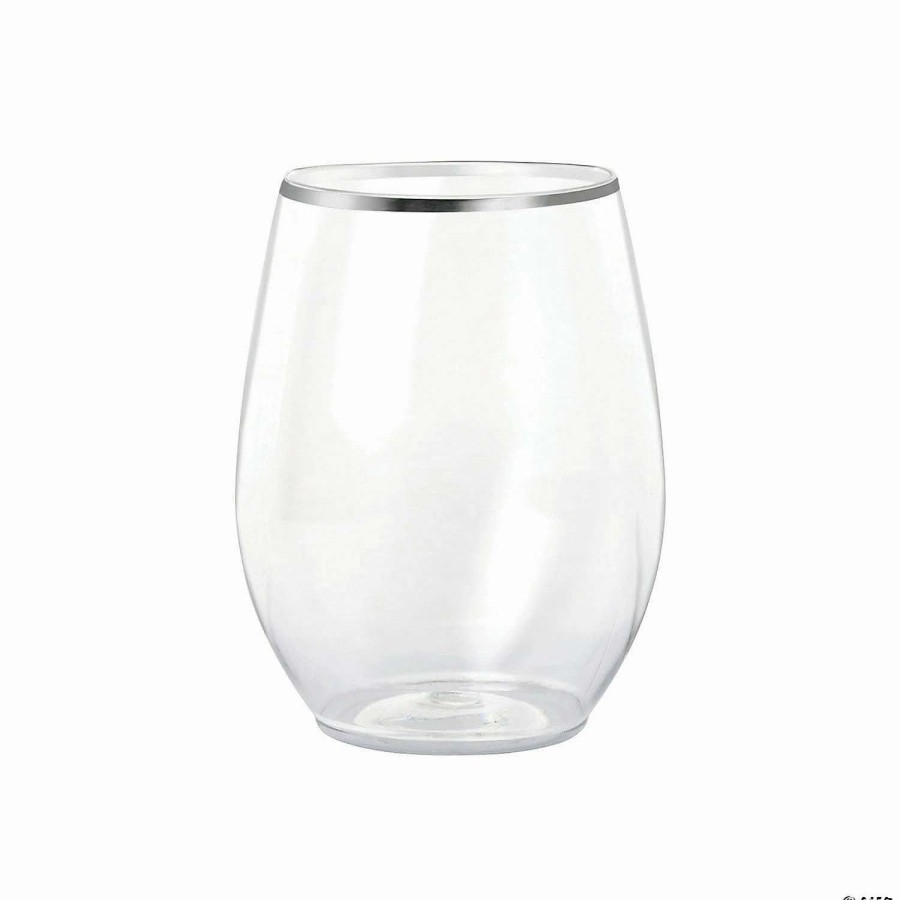 Drinkware * | Wholesale 12 Oz. Clear With Silver Elegant Stemless Plastic Wine Glasses (32 Glasses)