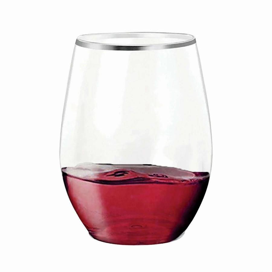 Drinkware * | Wholesale 12 Oz. Clear With Silver Elegant Stemless Plastic Wine Glasses (32 Glasses)