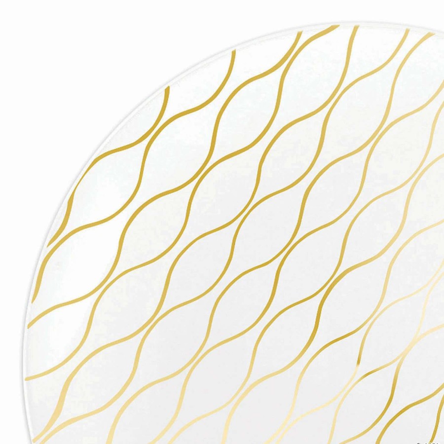 Party Plates * | Cheapest 10.25 White With Gold Waves Design Round Disposable Plastic Dinner Plates (40 Plates)