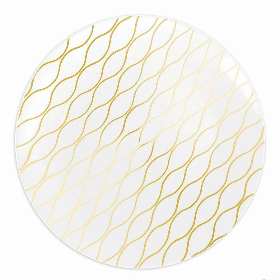 Party Plates * | Cheapest 10.25 White With Gold Waves Design Round Disposable Plastic Dinner Plates (40 Plates)