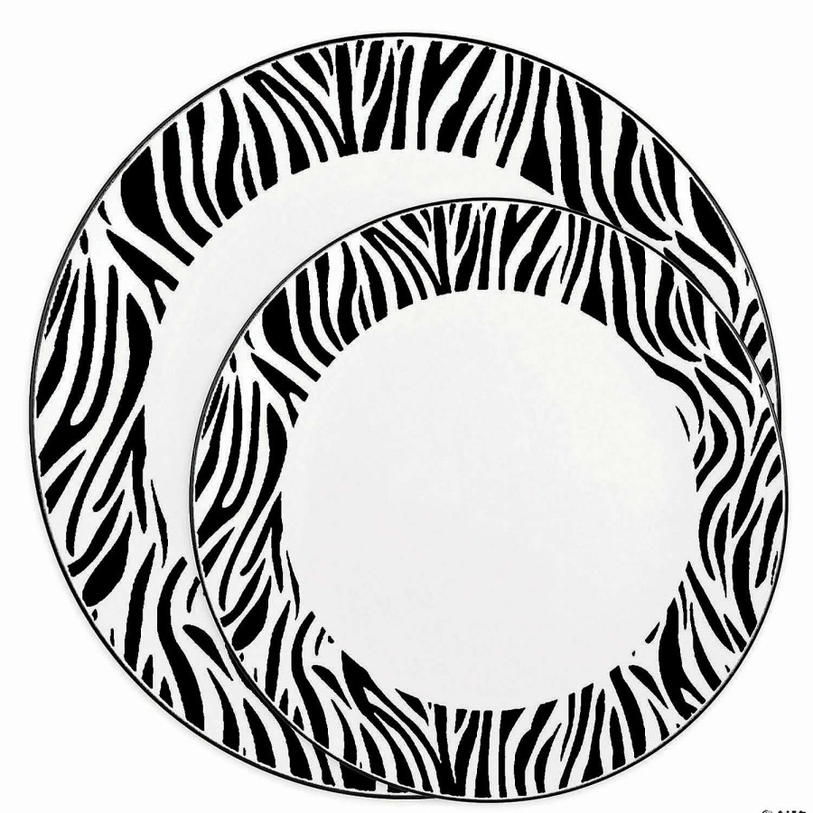 Party Plates * | Best Sale White With Black Zebra Stripes Round Disposable Plastic Dinnerware Value Set (40 Dinner Plates + 40 Salad Plates)