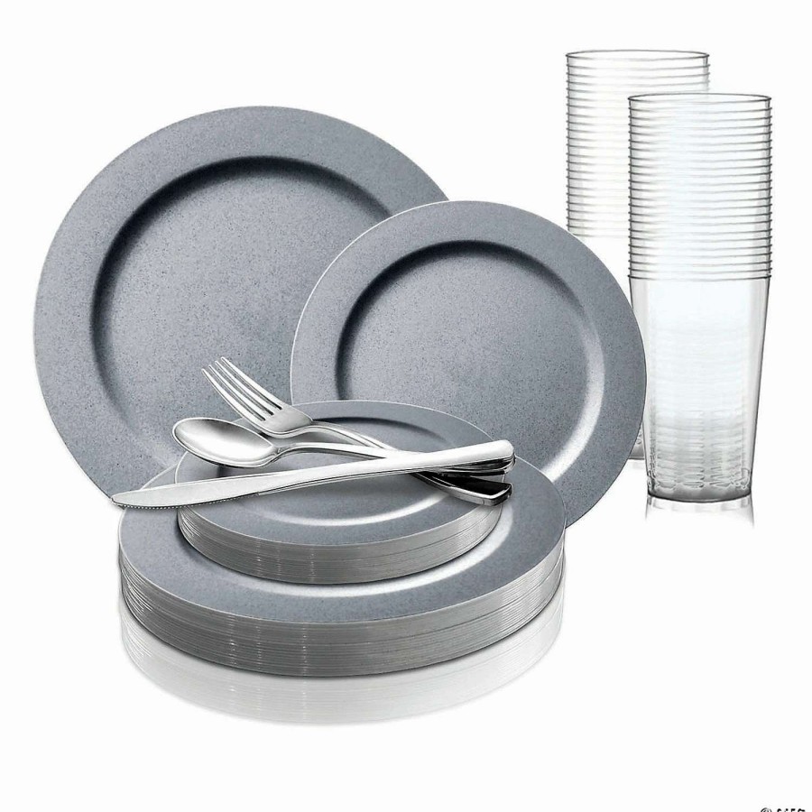 Table Covers * | Best Sale Matte Steel Gray Round Disposable Plastic Dinnerware Value Set (20 Settings)