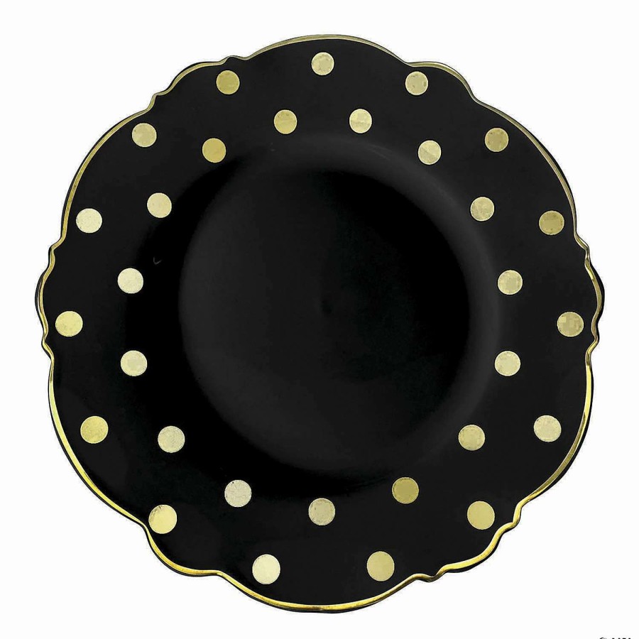 Party Plates * | Best Sale Premium 10.25 Black With Gold Dots Round Blossom Disposable Plastic Dinner Plates (120 Plates)