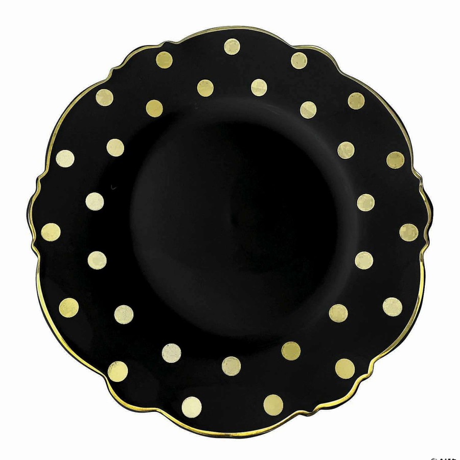 Party Plates * | Best Pirce 7.5 Black With Gold Dots Round Blossom Disposable Plastic Salad Plates (90 Plates)