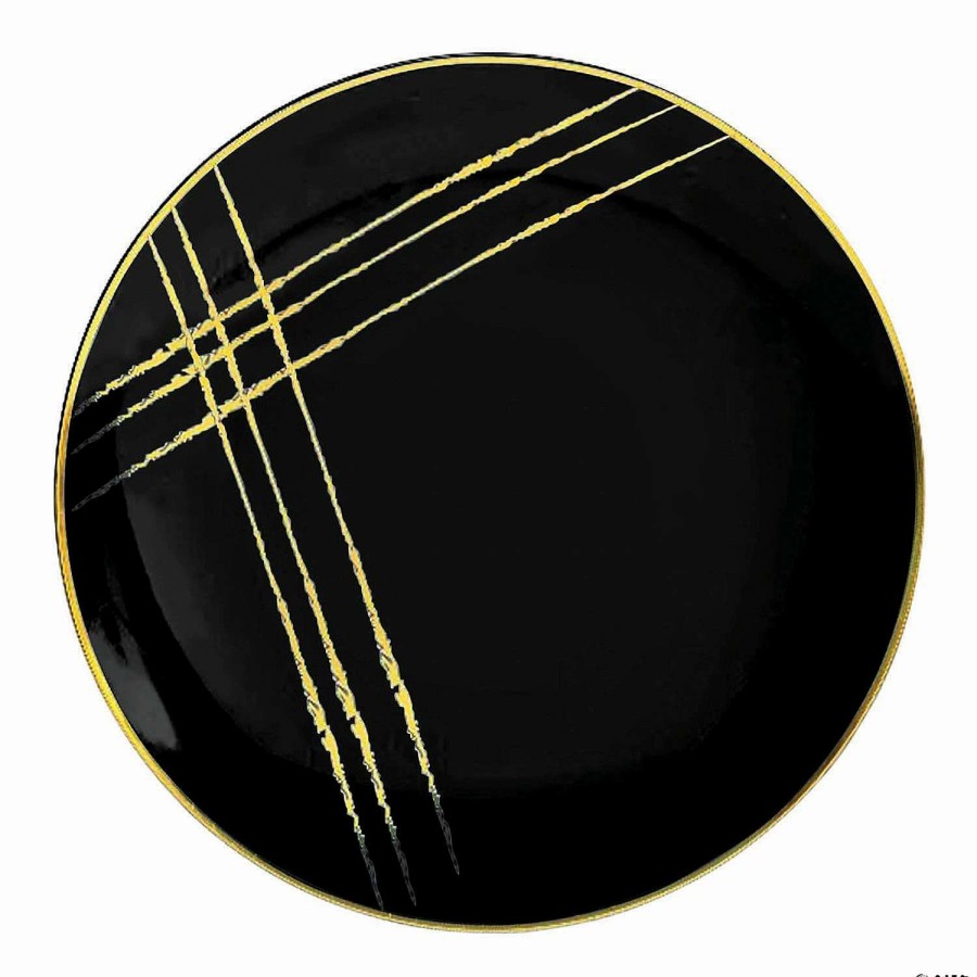 Party Plates * | Best Sale 10.25 Black With Gold Brushstroke Round Disposable Plastic Dinner Plates (40 Plates)