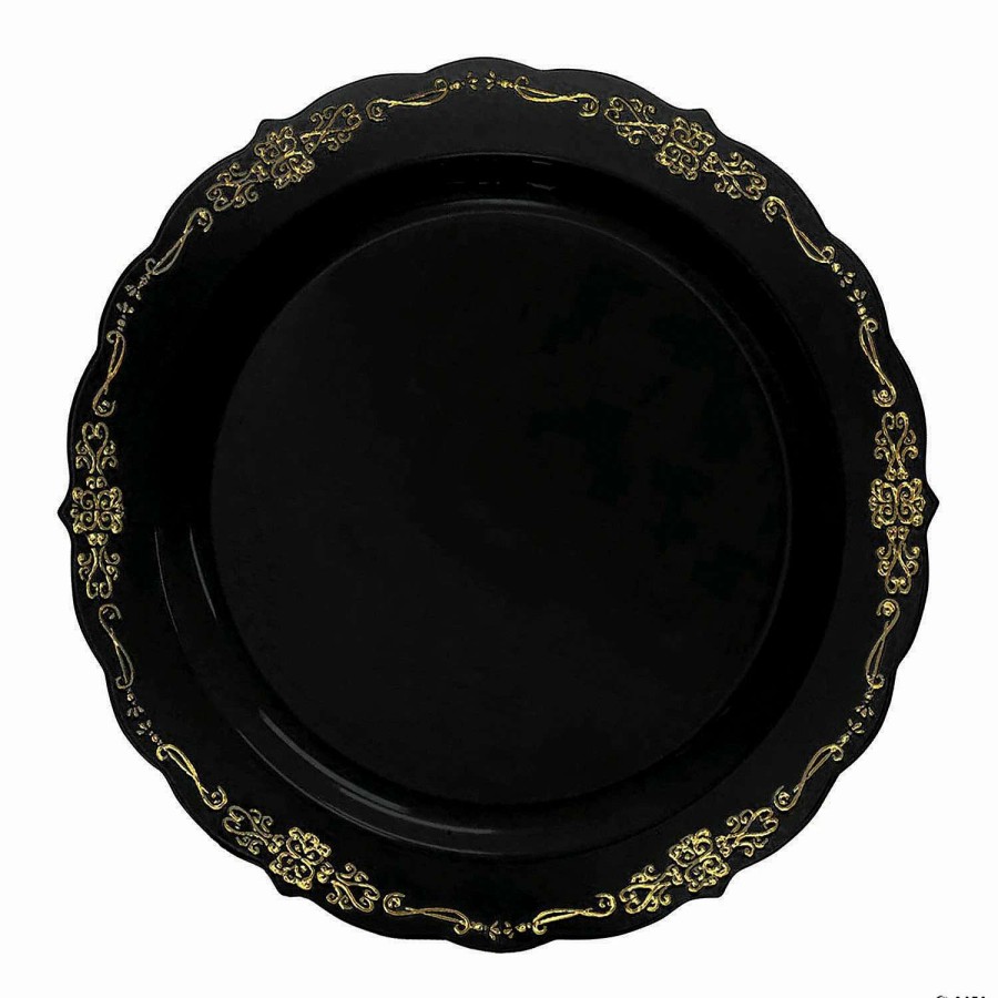 Party Plates * | Promo 7.5 Black With Gold Vintage Rim Round Disposable Plastic Appetizer/Salad Plates (90 Plates)