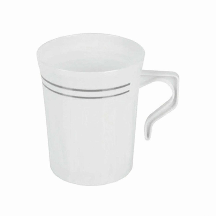 Drinkware * | Buy Bulk Premium 8 Oz. White With Silver Edge Rim Round Plastic Coffee Mugs 120 Ct.