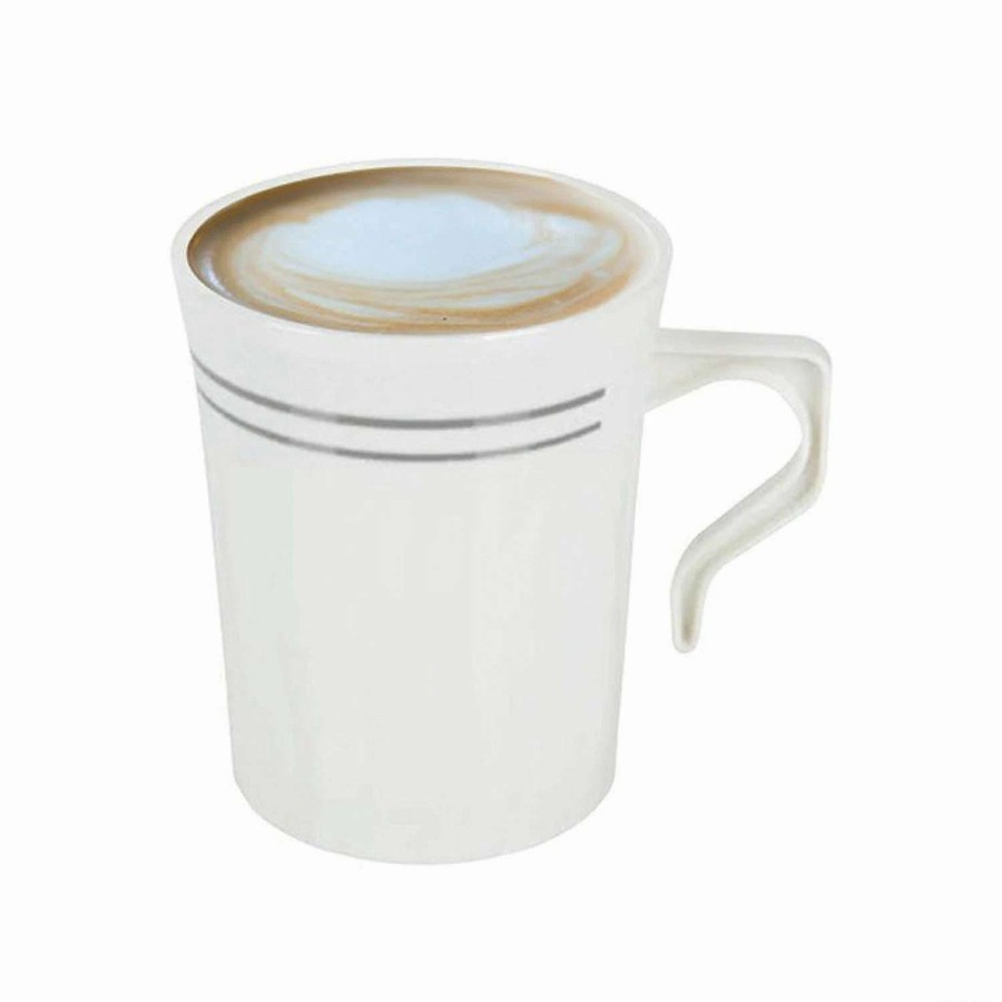 Drinkware * | Buy Bulk Premium 8 Oz. White With Silver Edge Rim Round Plastic Coffee Mugs 120 Ct.