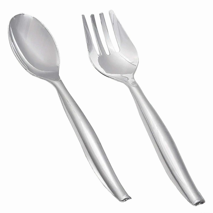 Serveware * | Deals Silver Disposable Plastic Serving Flatware Set Serving Spoons And Serving Forks (150 Pairs)