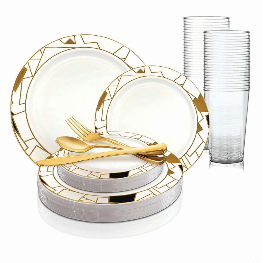 Table Covers * | Promo White With Black And Gold Abstract Squares Pattern Round Disposable Plastic Dinnerware Value Set (60 Settings)