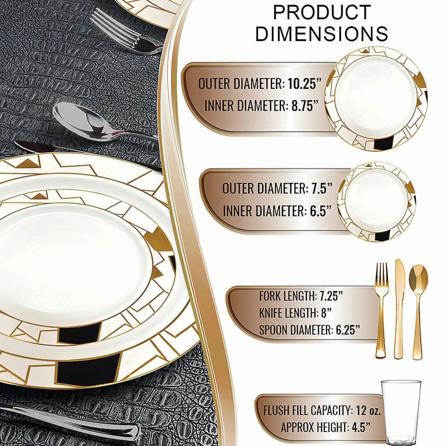 Table Covers * | Promo White With Black And Gold Abstract Squares Pattern Round Disposable Plastic Dinnerware Value Set (60 Settings)