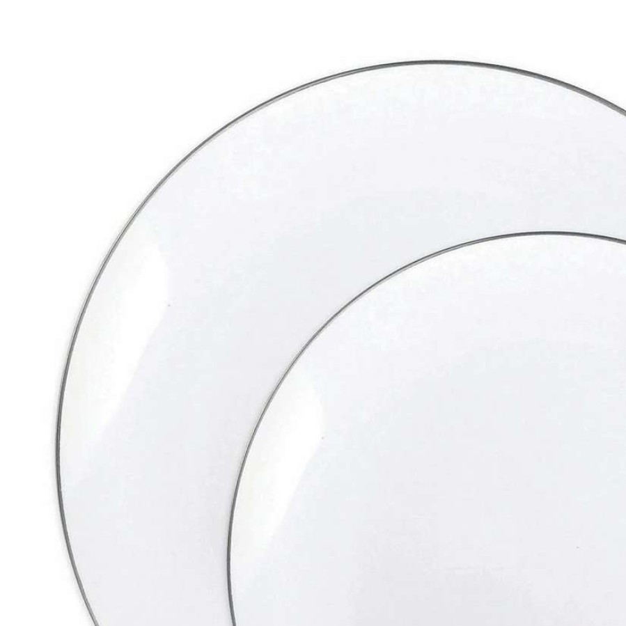 Party Plates * | Budget White With Silver Rim Organic Round Disposable Plastic Dinnerware Value Set (120 Dinner Plates + 120 Salad Plates)